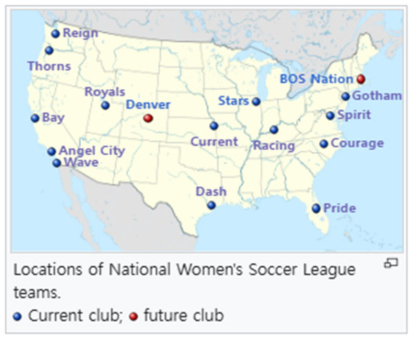 Locations of National Women's Soccer League teams.