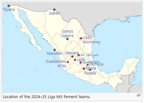 Location of the 2024–25 Liga MX Femenil teams.