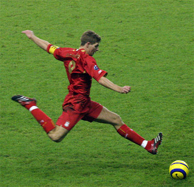 Steven Gerrard shooting for Liverpool.