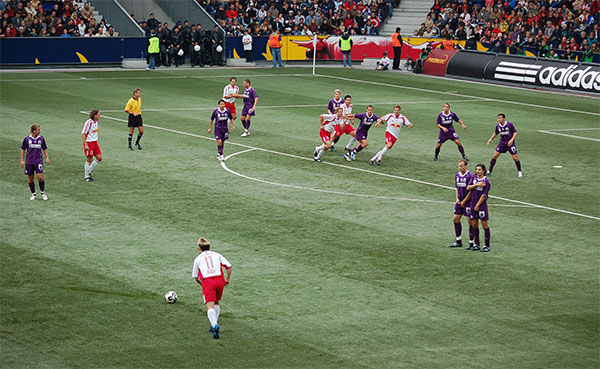A direct free kick being taken by RB Salzburg