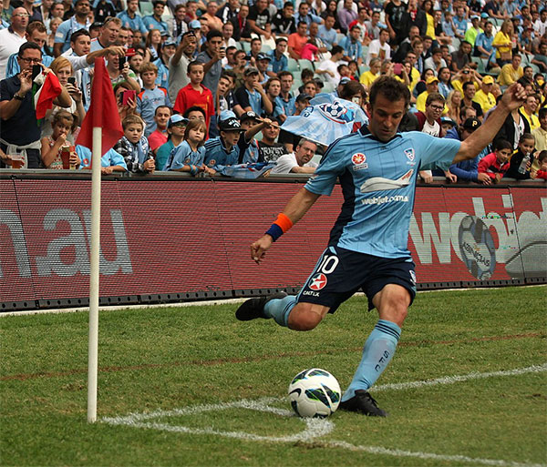 Alessandro Del Piero takes a corner kick for Sydney FC.