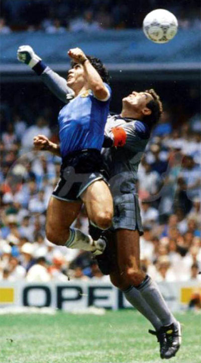 The infamous Hand of God of Diego Maradona in 1986