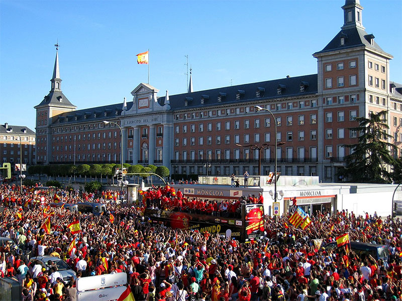 World Cup champions parade, celebrate as they pass in front of the Air Force Headquarters in Madrid.