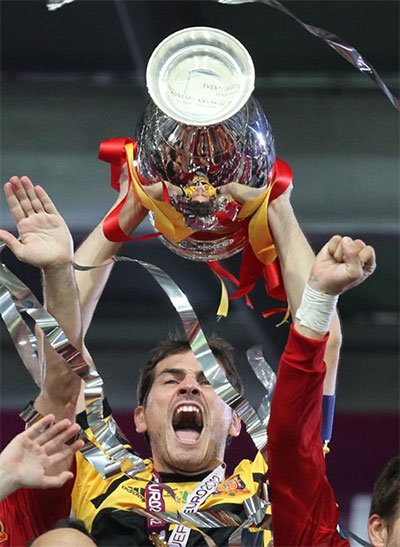The captain Iker Casillas, lifting the Euro 2012 trophy.
