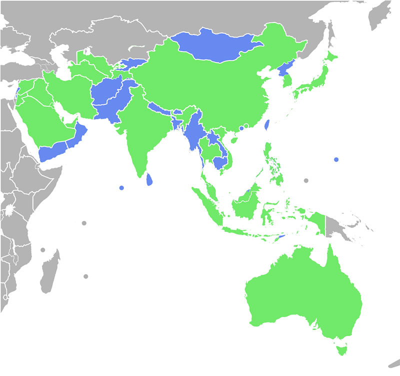 Map of AFC countries whose teams reached the group stage of the AFC Champions League