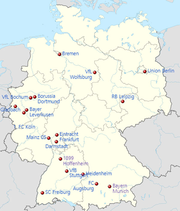 Locations of the 2023–24 Bundesliga teams